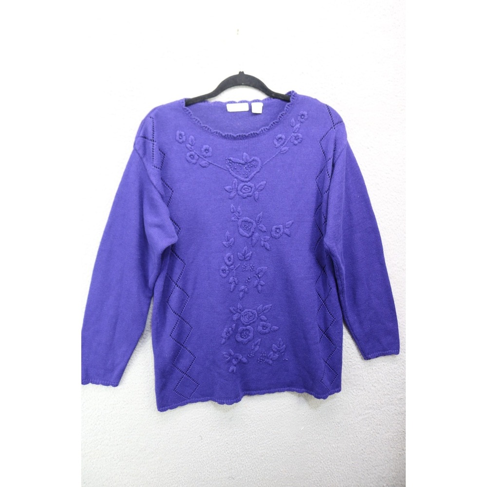 Stellecca Deep Purple Embroidered Open Knit Designs Sweater-Med.-Whimsigoth-Soft